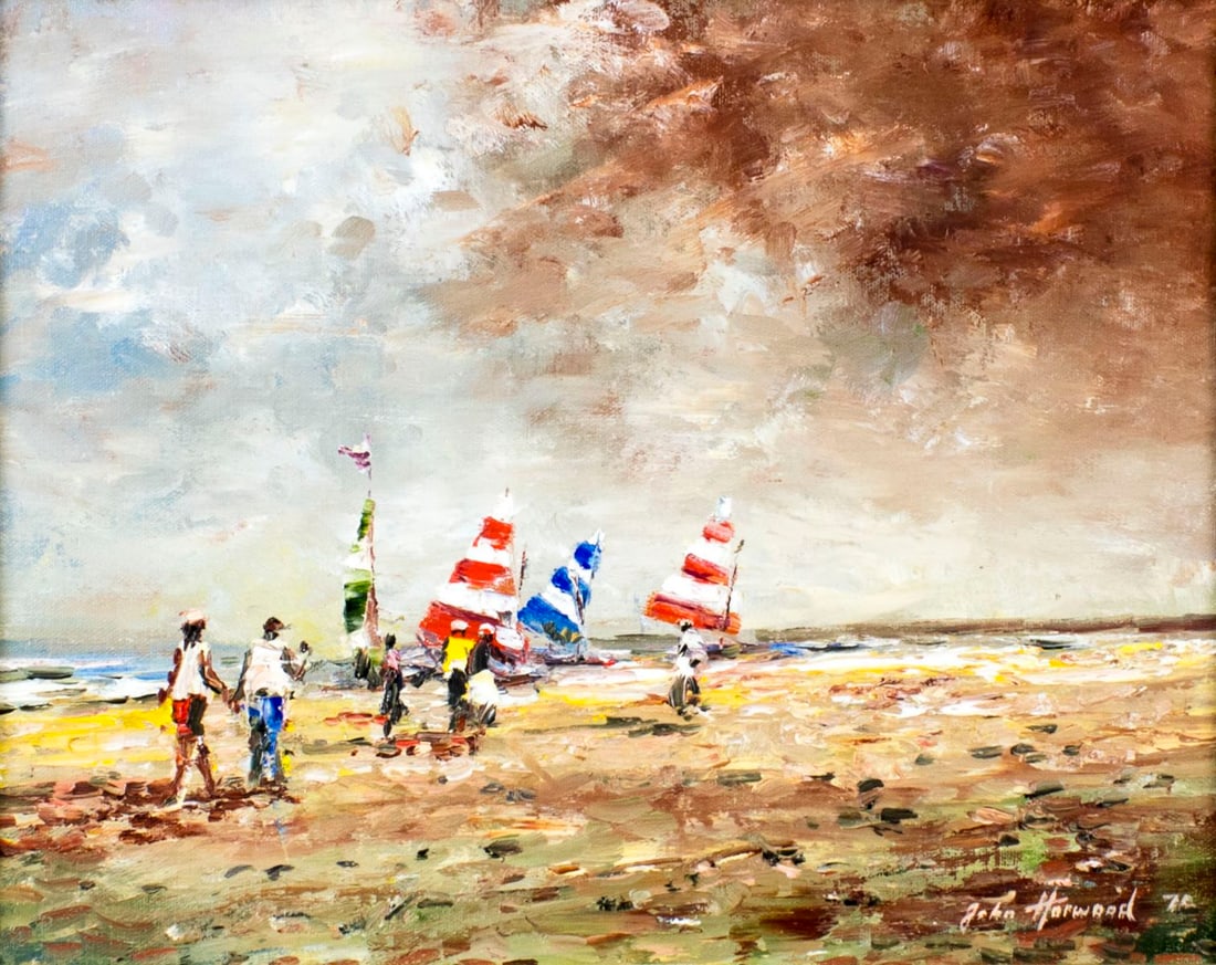 John Horwood (UK,1934-1994) oil painting: ARTIST: John Anthony Horwood (British, 1934 - 1994) TITLE: Sailboats (titled on verso) YEAR: 1976 MEDIUM: oil on canvas CONDITION: Very good. No visible