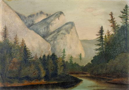 Antique 19C American oil painting: ARTIST: - (American, 19 century) TITLE: Mountain River Landscape YEAR: circa 1900 MEDIUM: oil on board CONDITION: One small scratch. Some paint losses