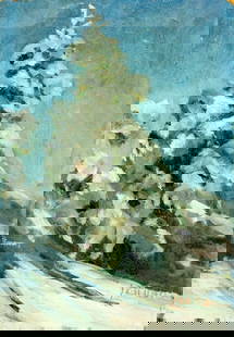 Bernard Lennon (NY,CT,1914-1992) oil painting: ARTIST: Bernard Lennon (New York, Connecticut, 1914 - 1992) TITLE: Winter Landscape MEDIUM: oil on board CONDITION: Some small damages to corners. Few minor scratches/pain