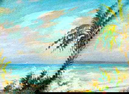 Carl Brandien (NY,1886-1965) oil painting: ARTIST: Carl William Brandien (New York, 1886 - 1965) TITLE: Beyond the Blue Horizon, Ft Lauderdale, FL (titled on verso) YEAR: 1959 MEDIUM: oil on board CONDIT