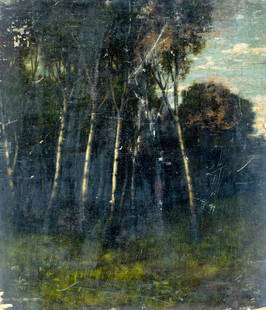 Antique 19C American oil painting signed: ARTIST: - (American, 19 century) TITLE: Forest Landscape with Birches MEDIUM: oil on board CONDITION: Some damages along edges and corners. Some scratches/paint losses. No