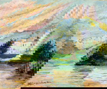 Hildegarde Hamilton (FL,VA,1898-1970) oil painting: ARTIST: Hildegarde Hume Hamilton (Florida, Virginia, 1898 - 1970) TITLE: Mountain Lake Landscape with Castle MEDIUM: oil on canvas CONDITION: Some paint losses (see pictu