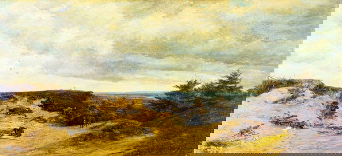 Frank Walton (UK,1840-1928) oil painting antique: ARTIST: Frank Walton (British, 1840 - 1928) TITLE: Landscape MEDIUM: oil on canvas CONDITION: Relined. One patch. Two crease lines. Some paint losses. Minor craquelure. So