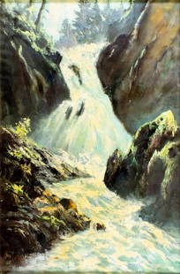 Ernst Greyer (Austria,1907-1983) oil painting: ARTIST: Ernst Greyer (Austrian, 1907 - 1983) TITLE: Waterfall Landscape MEDIUM: oil on canvas CONDITION: Few minor paint losses. No visible inpaint under UV light. Wear to