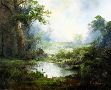 Ron Williams (TN,1947-2016) oil painting: ARTIST: Ron Williams (Tennessee, 1947 - 2016) TITLE: Forest Pond Landscape MEDIUM: oil on canvas CONDITION: Very good. No visible inpaint under UV light. Normal wear along