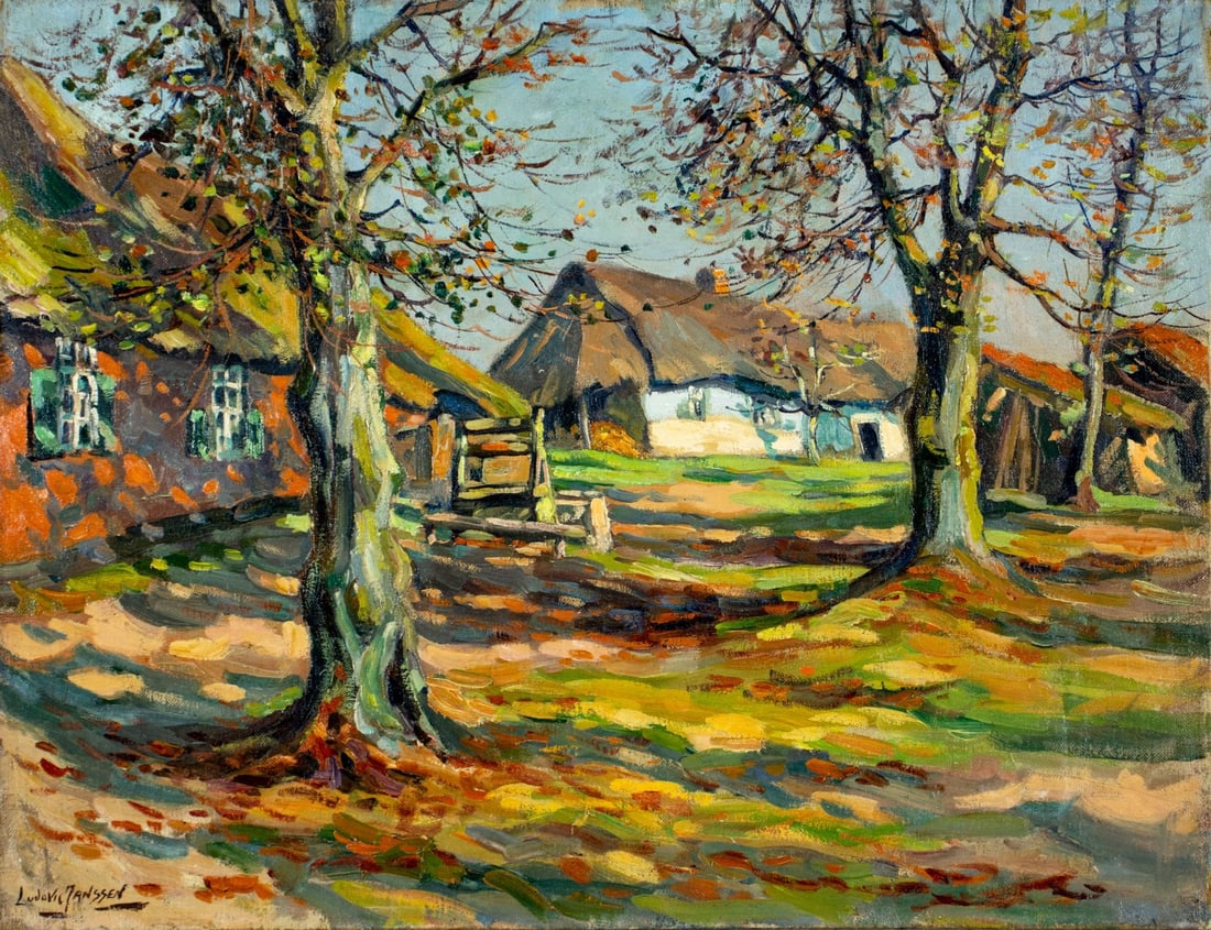 Ludovic Janssen (Belgium,1888-1954) oil painting antique: ARTIST: Ludovic Janssen (Belgian, 1888 - 1954) TITLE: Landscape - The Red Farm (titled on verso) YEAR: 1929 MEDIUM: oil on canvas CONDITION: One small