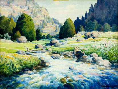 William Krondorf (NJ,FL,German,1878-1968) watercolor painting antique: ARTIST: William F Krondorf (Germany, New Jersey, Florida, 1878 - 1968) TITLE: Mountain River Landscape YEAR: 1940 MEDIUM: watercolor on heavy paper CONDITION:</