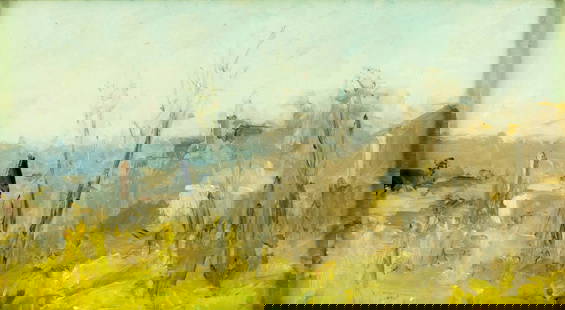 Stuart Shils (PA,Israel,Ireland,b 1954) oil painting: ARTIST: Stuart Shils (Pennsylvania, Israeli, Irish, born 1954) TITLE: Landscape with Houses MEDIUM: oil on board CONDITION: Overall good. No visible inpaint under UV light.