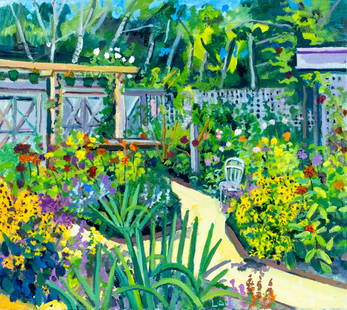 John Laub (PA,NY,1947-2005) oil painting: ARTIST: John Laub (Pennsylvania, New York, 1947 - 2005) TITLE: Flower Garden Landscape MEDIUM: oil on canvas CONDITION: Overall good. No visible inpaint under UV light. No
