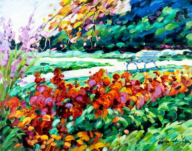 Lisandro Baylon (Argentina,US,1951-?) oil painting: ARTIST: Lisandro Lopez Baylon (Argentinian, American, 1951 - ???) TITLE: Park Landscape MEDIUM: oil on canvas CONDITION: Unstretched (In-House stretching available). Overa