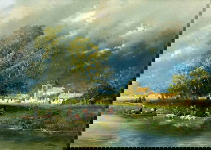 Jean Julien Godenne (France,1830-1926) oil painting antique: ARTIST: Jean Julien Joseph Godenne (French, 1830 - 1926) TITLE: River Village Landscape MEDIUM: oil on board CONDITION: One horizontal crack to the right edge. Some paint