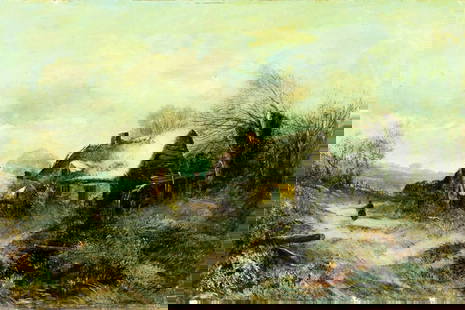 Richardson (UK,mid 19C) oil painting antique: ARTIST: Richardson (British, mid 19 century) TITLE: Winter Village Landscape YEAR: 1846 MEDIUM: oil on canvas CONDITION: Relined. Few very minor paint lo