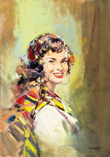 Giordano Giovanetti (Italy,1906-1973) oil painting: ARTIST: Giordano Giovanetti (Italian, 1906 - 1973) TITLE: Portrait of Woman MEDIUM: oil on canvas CONDITION: Unstretched (In-House stretching available). Few minor scratch