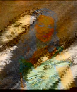 Alice Olsen (US,mid 20C) oil painting: ARTIST: Alice Olsen (American, mid 20 century) TITLE: Portrait of Woman MEDIUM: oil on canvas CONDITION: Missing a few flakes of paint. Some craquelure. No visible inpaint u