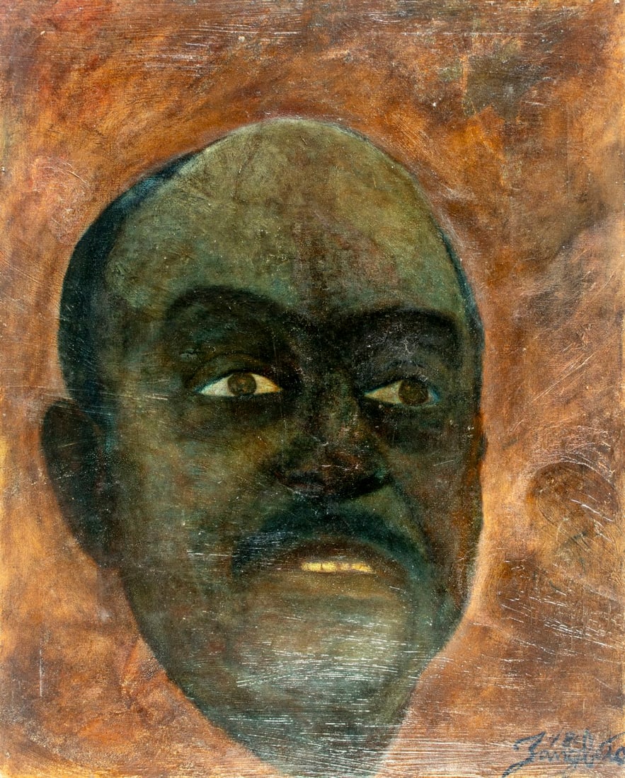 Vintage 20C American oil painting signed: ARTIST: - (American, 20 century) TITLE: Portrait of Black Man YEAR: 1980 MEDIUM: oil on canvas CONDITION: One nail hole by the upper right corner. Some