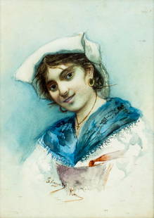 Antique early 20C Italian watercolor signed: ARTIST: - (Italy, 19/20 century) NAME: Portrait of Italian Woman YEAR: circa 1900 MEDIUM: watercolor on paper CONDITION: Very minor foxing. Minor age toning. Framed under