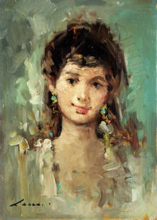 Lecce (Italy,20C) oil painting: ARTIST: Lecce (Italian, 20 century) TITLE: Portrait of Woman MEDIUM: oil on board CONDITION: Few minor scratches/paint losses mostly along the right edge. No visible inpaint