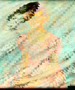 Folsom (US,mid 20C) oil painting: ARTIST: Folsom (American, mid 20 century) TITLE: Portrait of Girl in Pink Dress MEDIUM: oil on board CONDITION: Overall good. No visible inpaint under UV light. Wear to fram