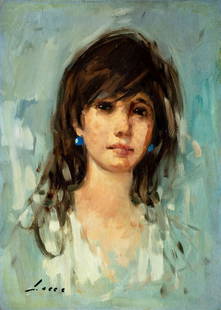 Lecce (Italy,20C) oil painting: ARTIST: Lecce (Italian, 20 century) TITLE: Portrait of Woman MEDIUM: oil on board CONDITION: Few very minor paint losses mostly along edges. No visible inpaint under UV ligh