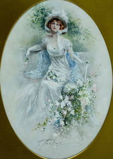 Frank Aveline (France,1877-1951) oil painting: ARTIST: Frank Aveline (French, 1877 - 1951) TITLE: Portrait of Lady in White with Parasol MEDIUM: oil on board CONDITION: Overall good. No visible inpaint under UV light.