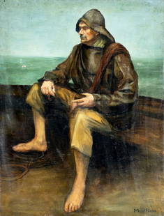 M LeFlaive (France,early 20C) oil painting antique: ARTIST: M LeFlaive (French, early 20 century) TITLE: Portrait of Fisherman MEDIUM: oil on canvas CONDITION: Three patches. Some small damages to the corners of canvas. Some