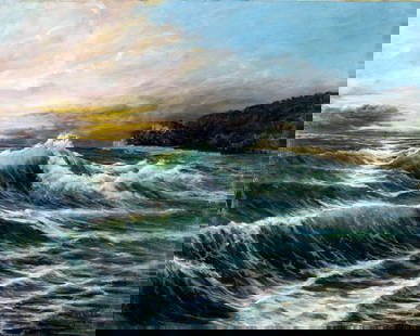 Viktor Ilyushkin (Russia,b 1946) oil painting: ARTIST: Viktor Nikolayevich Ilyushkin (Russian, born 1946) TITLE: Sunset Seascape MEDIUM: oil on canvas CONDITION: Unstretched (In-House stretching available). Few small pai