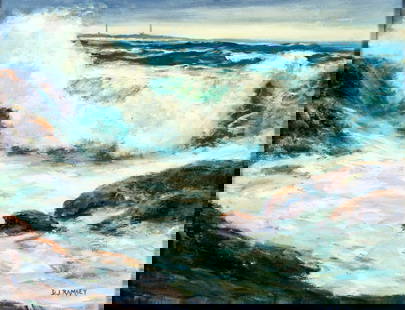 Dorothy Ramsey (CA,20C) oil painting: ARTIST: Dorothy Ramsey (California, 20 century) TITLE: Seascape - Twin Lights (titled on label) YEAR: circa 1989 MEDIUM: oil on canvas CONDITION: Minor