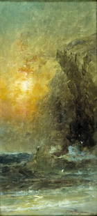 Franklin Briscoe (PA,MD,1844-1903) oil painting antique: ARTIST: Franklin Dullin Briscoe (Pennsylvania, Maryland, 1844 - 1903) TITLE: Sunset Seascape YEAR: 1896 MEDIUM: oil on canvas CONDITION: Relined. One r