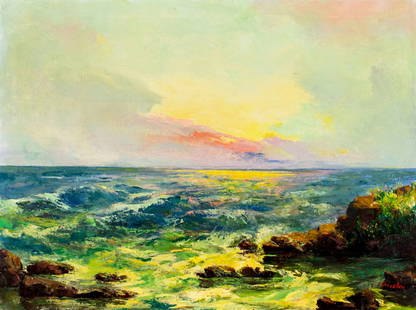 Christen (US,20C) oil painting: ARTIST: Christen (American, 20 century) TITLE: Sunset Seascape MEDIUM: oil on canvas CONDITION: Minor craquelure. No visible inpaint under UV light. ART SIZE: