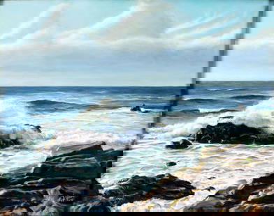 Alexander Yaron (NY,1910-1991) oil painting: ARTIST: Alexander A Yaron (New York, 1910 - 1991) TITLE: Seascape YEAR: 1979 MEDIUM: oil on canvas CONDITION: Missing a few flakes of paint. Some craqu