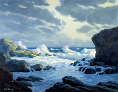 George Holloway (NJ,20C) oil painting: ARTIST: George Holloway (New Jersey, 20 century) TITLE: Seascape MEDIUM: oil on canvas CONDITION: Some paint losses along edges. No visible inpaint under UV light.