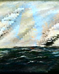 T Bailey (MA,19/20C) oil painting antique: ARTIST: T Bailey (Massachusetts, 19/20 centuries) TITLE: Sail Ship MEDIUM: oil on canvas CONDITION: Very good. Minor craquelure. No visible inpaint under UV light. Wear to f