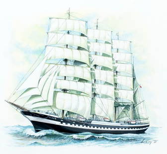 Anatoly Aksamit (Russia,1923-?) gouache painting: ARTIST: Anatoly Martynovich Aksamit (Russian, 1923 - ???) TITLE: Soviet Sailing Training Ships - Sedov (titled on verso) YEAR: 1981 MEDIUM: gouache on paper. Paper applied