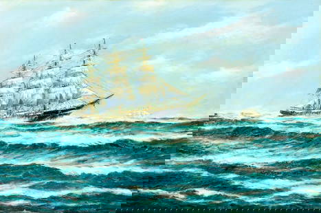 Jay Arnold (MA,1890-?) oil painting antique: ARTIST: Jay Arnold (Massachusetts, 1890 - ???) TITLE: Sail Ship MEDIUM: oil on canvas CONDITION: Few minor paint losses. Some craquelure. No visible inpaint under UV light