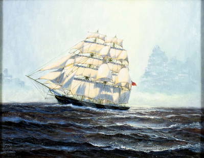 Bruce Elliot Roberts (NY,FL,1917-1993) oil painting: ARTIST: Bruce Elliot Roberts (New York, Florida, Virgin Islands, 1917 - 1993) TITLE: Sail Ship - Breaking Out (titled on verso) YEAR: 1979 MEDIUM: oil on board