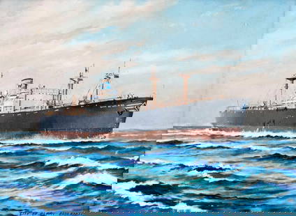 Sato Kanzi (Japan,20C) oil painting: ARTIST: Sato Kanzi (Japanese, 20 century) NAME: Ship - City of Alma MEDIUM: oil on canvas board CONDITION: Very good. Framed under glass. No visible inpaint under UV light. SIGHT SIZE: 1