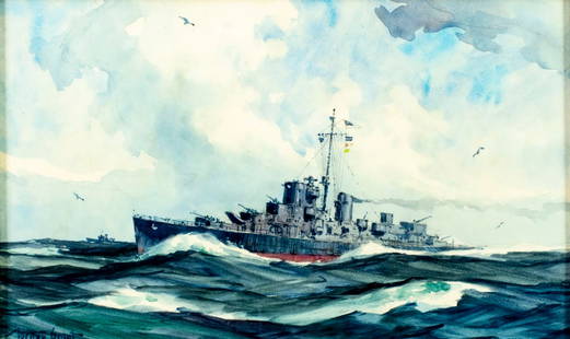 Gordon Hope Grant (NY,CA,UK,1875-1962) watercolor painting: ARTIST: Gordon Hope Grant (New York, California, United Kingdom, 1875 - 1962) TITLE: Battleship In Convoy MEDIUM: watercolor on paper CONDITION: Some foxing. Minor age ton