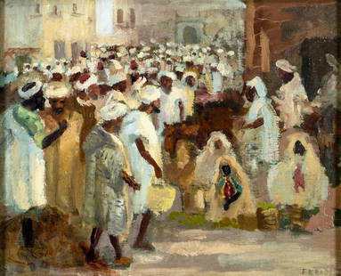 F Krauss (Europe,19C) oil painting antique: ARTIST: F Krauss (European, 19 century) TITLE: Middle Eastern Street Scene MEDIUM: oil on canvas CONDITION: Overall good. No visible inpaint under UV light. Wear to frame.