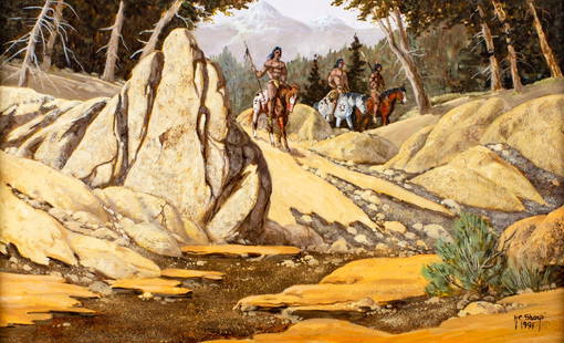 M C Sharp (US,20C) oil painting: ARTIST: M C Sharp (American, 20 century) TITLE: Indian Men on Horses YEAR: 1991 MEDIUM: oil on canvas CONDITION: Very good. No visible inpaint under UV l