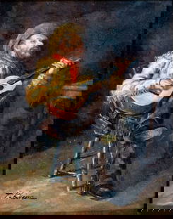 T Kleine (US,20C) oil painting: ARTIST: T Kleine (American, 20 century) TITLE: Cowboy Playing Guitar MEDIUM: oil on board CONDITION: Minor paint losses. Some scattered small inpaintings/touch ups.