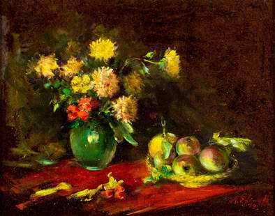 Anatole Efimoff (Russia,CA,1897-1981) oil painting: ARTIST: Anatole Efimoff (Russian, California, 1897 - 1981) TITLE: Still Life with Vase of Flowers and Apples YEAR: 1979 MEDIUM: oil on board CONDITION: