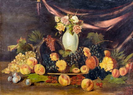Antique 19C American oil painting signed: ARTIST: - (American, 19 century) TITLE: Still Life with Fruits MEDIUM: oil on canvas. Canvas applied to board. CONDITION: Some small scratches/paint losses. Some craquelure.