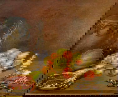 Antique 19C European oil painting: ARTIST: - (Europe, 19 century) TITLE: Tabletop Still Life MEDIUM: oil on canvas CONDITION: Relined. Few minor scratches/paint losses. Some craquelure. Some scattered inpai