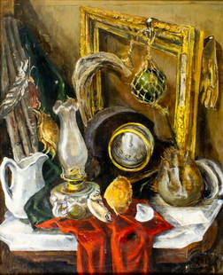 Frank Cohen Kirk (PA,NY,Russia,1889-1963) oil painting: ARTIST: Frank Cohen Kirk (Pennsylvania, New York, Russian, 1889 - 1963) TITLE: Tabletop Still Life MEDIUM: oil on board CONDITION: Some scratches/paint losses (see picture