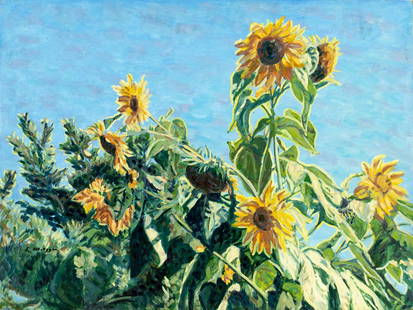 Evelyn Metzger (NY,Brazil,1911-2007) oil painting: ARTIST: Evelyn Borchard Metzger (New York, Brazilian, 1911 - 2007) TITLE: Sunflowers MEDIUM: oil on board CONDITION: Overall good. No visible inpaint under UV light. Norma