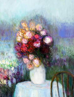 Yolanda Razzeto (Peru,1948-?) oil painting: ARTIST: Yolanda Razzeto (Peruvian, 1948 - ???) TITLE: Still Life with Vase of Flowers MEDIUM: oil on canvas CONDITION: Unstretched (In-House stretching available). Missing