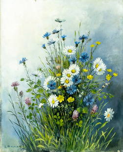 Vintage mid 20C European oil painting signed: ARTIST: - (European, mid 20 century) TITLE: Still Life with Flowers MEDIUM: oil on canvas CONDITION: Some damages to the upper edge of the canvas. Some paint losses mostly