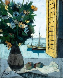 Charles Levier (French,NY,CA,1920-2003) oil painting: ARTIST: Charles Levier (France, New York, California, 1920 - 2003) TITLE: Fleurset Verdures (titled on verso) MEDIUM: oil on canvas CONDITION: Minor scratches/paint losse