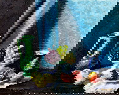 J Margalet (Europe,20C) oil painting: ARTIST: J Margalet (European, 20 century) TITLE: Still Life with Fruit MEDIUM: oil on canvas CONDITION: Unstretched (In-House stretching available). Minor paint losses. Mino