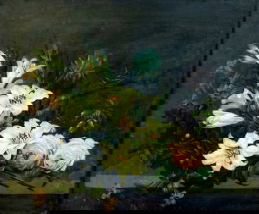 Edwin Steele (UK,1837-1898) oil painting antique: ARTIST: Edwin Steele (United Kingdom, 1837 - 1898) TITLE: Still Life with Lilies and Roses YEAR: 1890 MEDIUM: oil on canvas CONDITION: Some small scrat